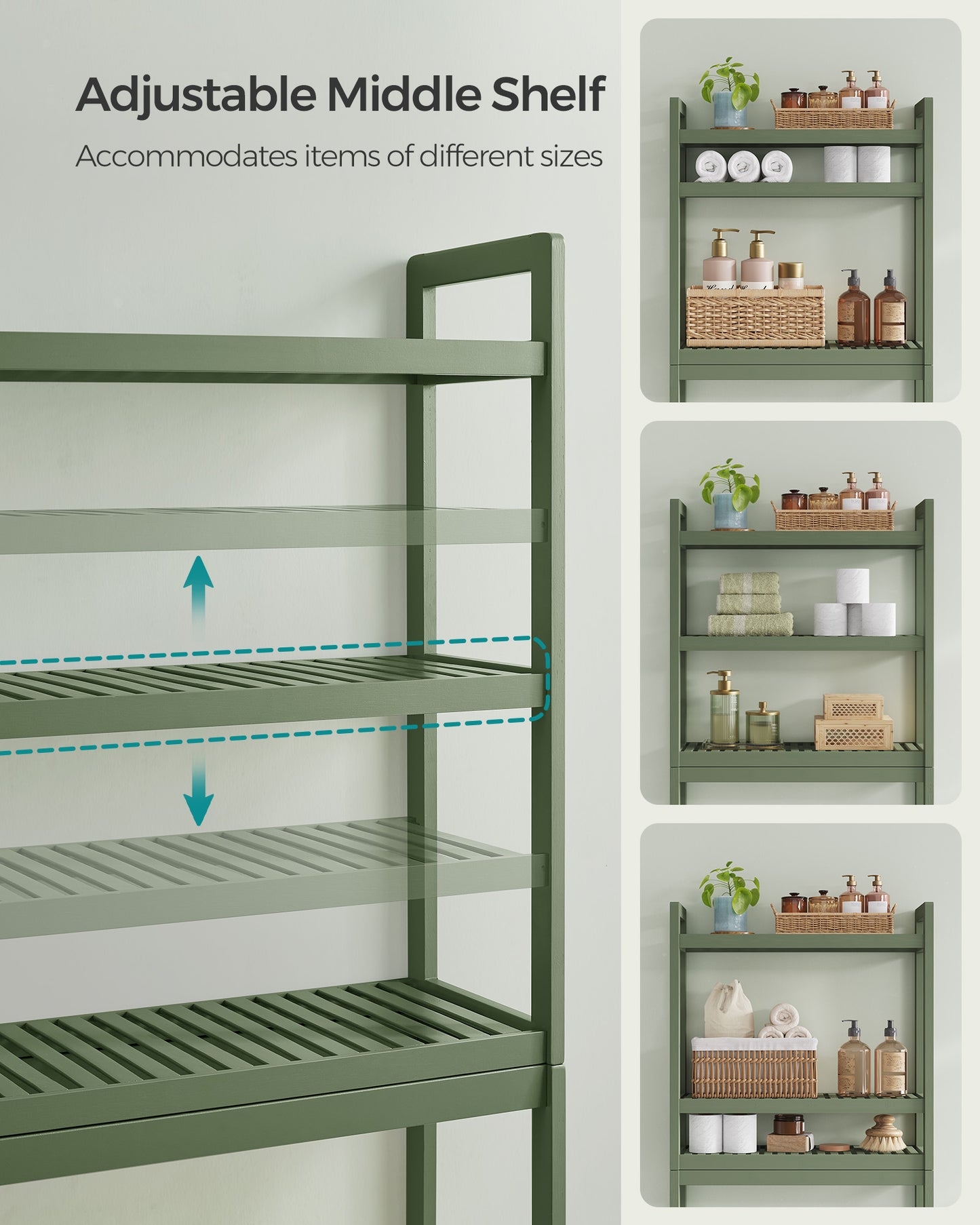 SONGMICS 3-Tier Over The Toilet Storage Bamboo Over Toilet Bathroom Organizer Forest Green