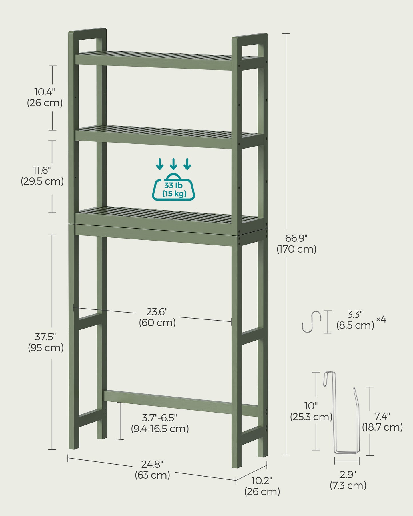 SONGMICS 3-Tier Over The Toilet Storage Bamboo Over Toilet Bathroom Organizer Forest Green