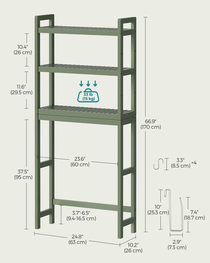 SONGMICS 3-Tier Over The Toilet Storage Bamboo Over Toilet Bathroom Organizer Forest Green