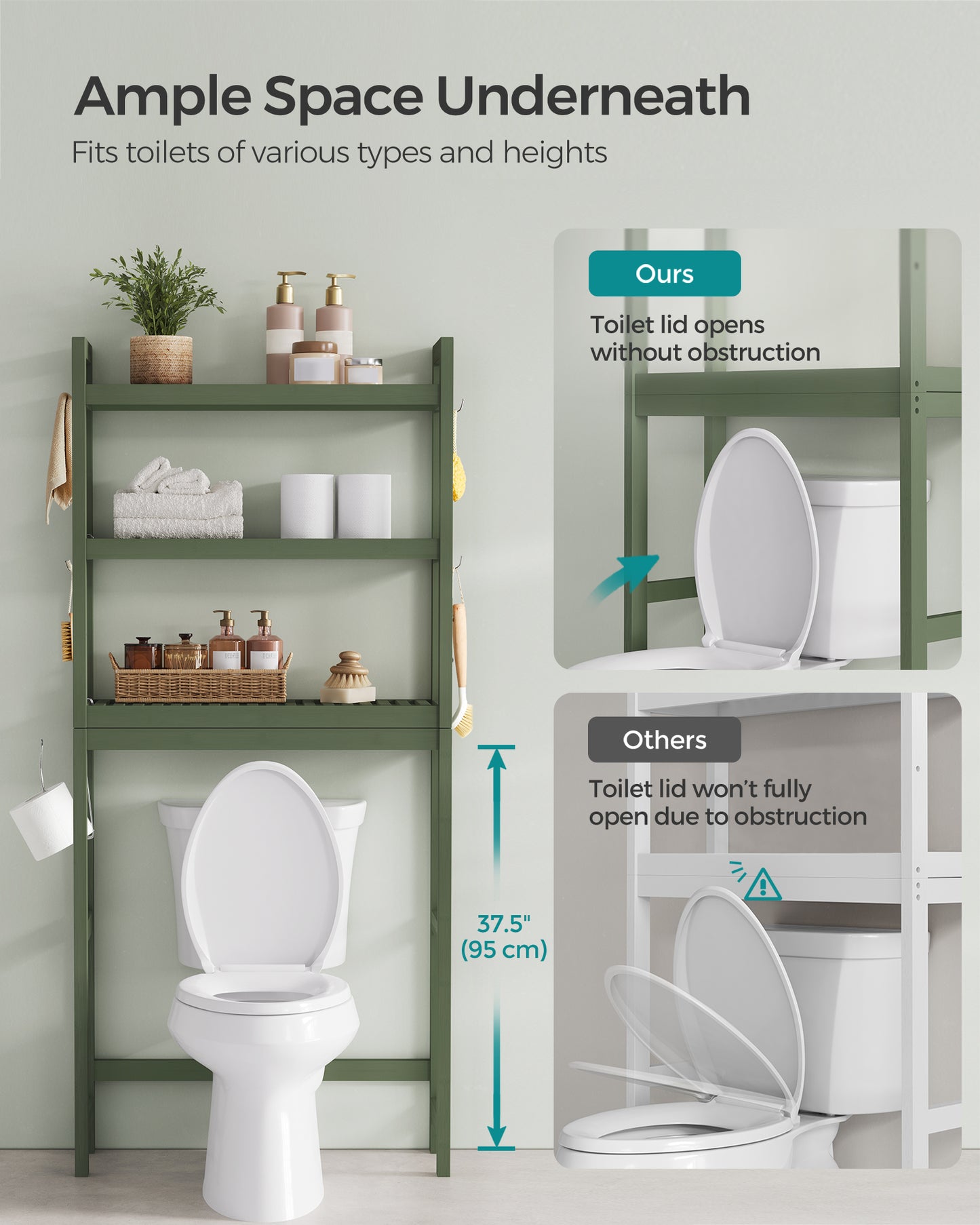 SONGMICS 3-Tier Over The Toilet Storage Bamboo Over Toilet Bathroom Organizer Forest Green
