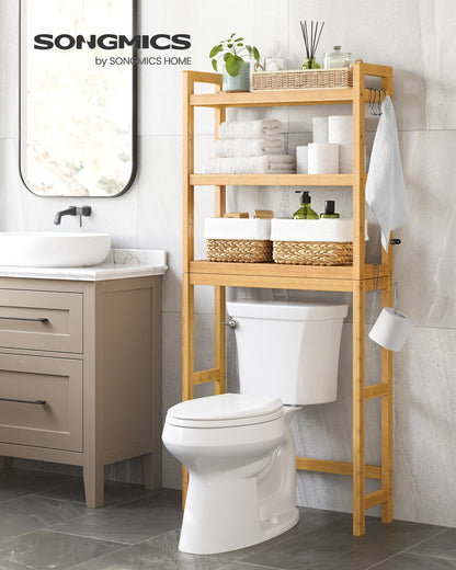 SONGMICS Over The Toilet Storage, 3-Tier Over Toilet Bathroom Organizer with Adjustable Shelf, Fit Most Toilets, Natural