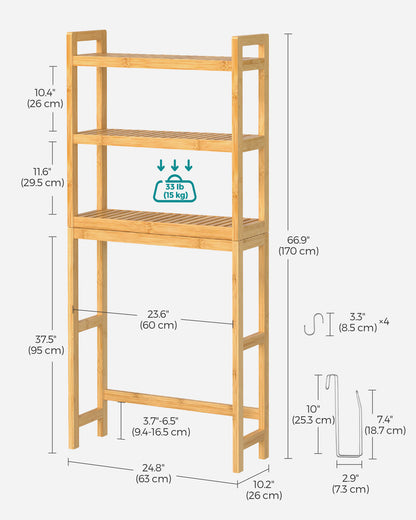 SONGMICS Over The Toilet Storage, 3-Tier Over Toilet Bathroom Organizer with Adjustable Shelf, Fit Most Toilets, Natural