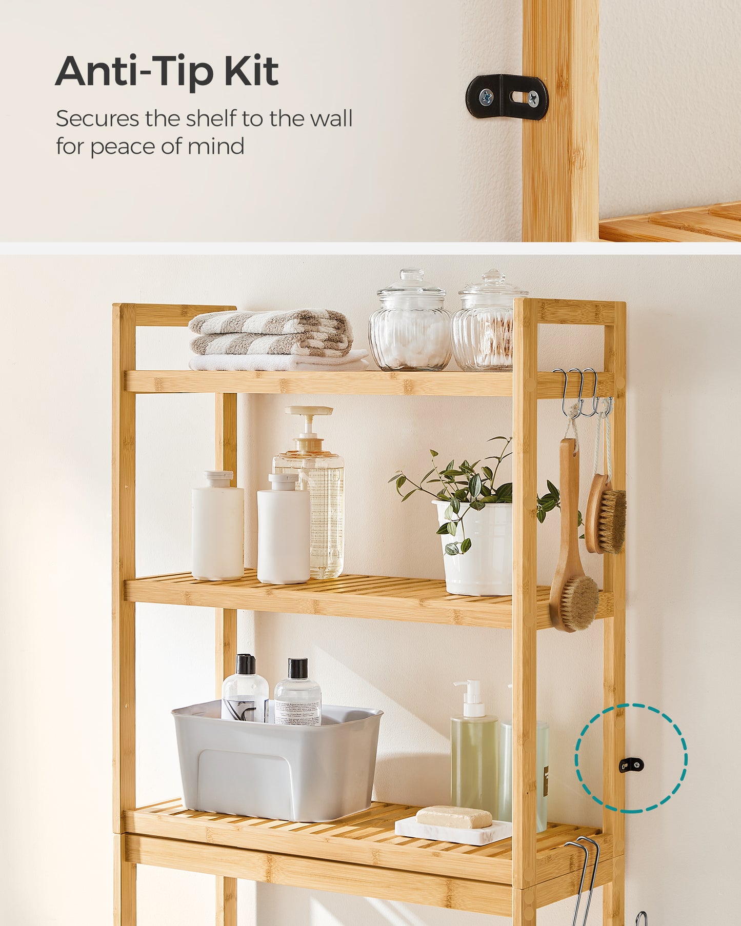 SONGMICS Over The Toilet Storage, 3-Tier Over Toilet Bathroom Organizer with Adjustable Shelf, Fit Most Toilets, Natural