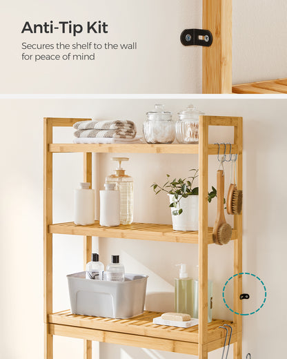 SONGMICS Over The Toilet Storage, 3-Tier Over Toilet Bathroom Organizer with Adjustable Shelf, Fit Most Toilets, Natural
