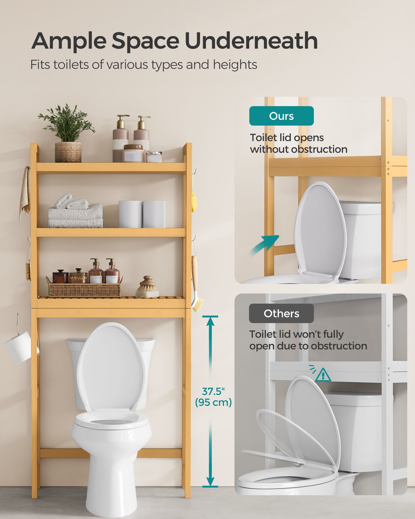 SONGMICS Over The Toilet Storage, 3-Tier Over Toilet Bathroom Organizer with Adjustable Shelf, Fit Most Toilets, Natural