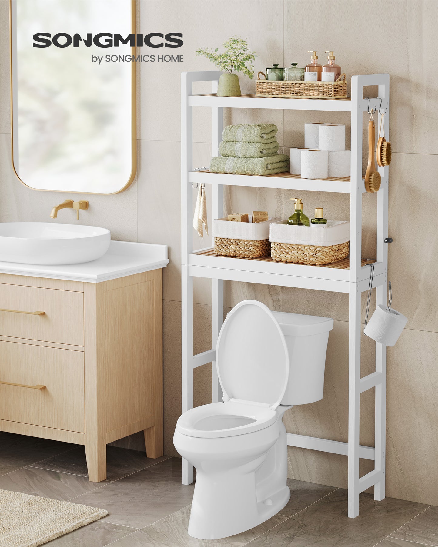 SONGMICS Over The Toilet Storage, 3-Tier Over Toilet Bathroom Organizer with Adjustable Shelf, Fit Most Toilets, Cloud White and Natural Beige