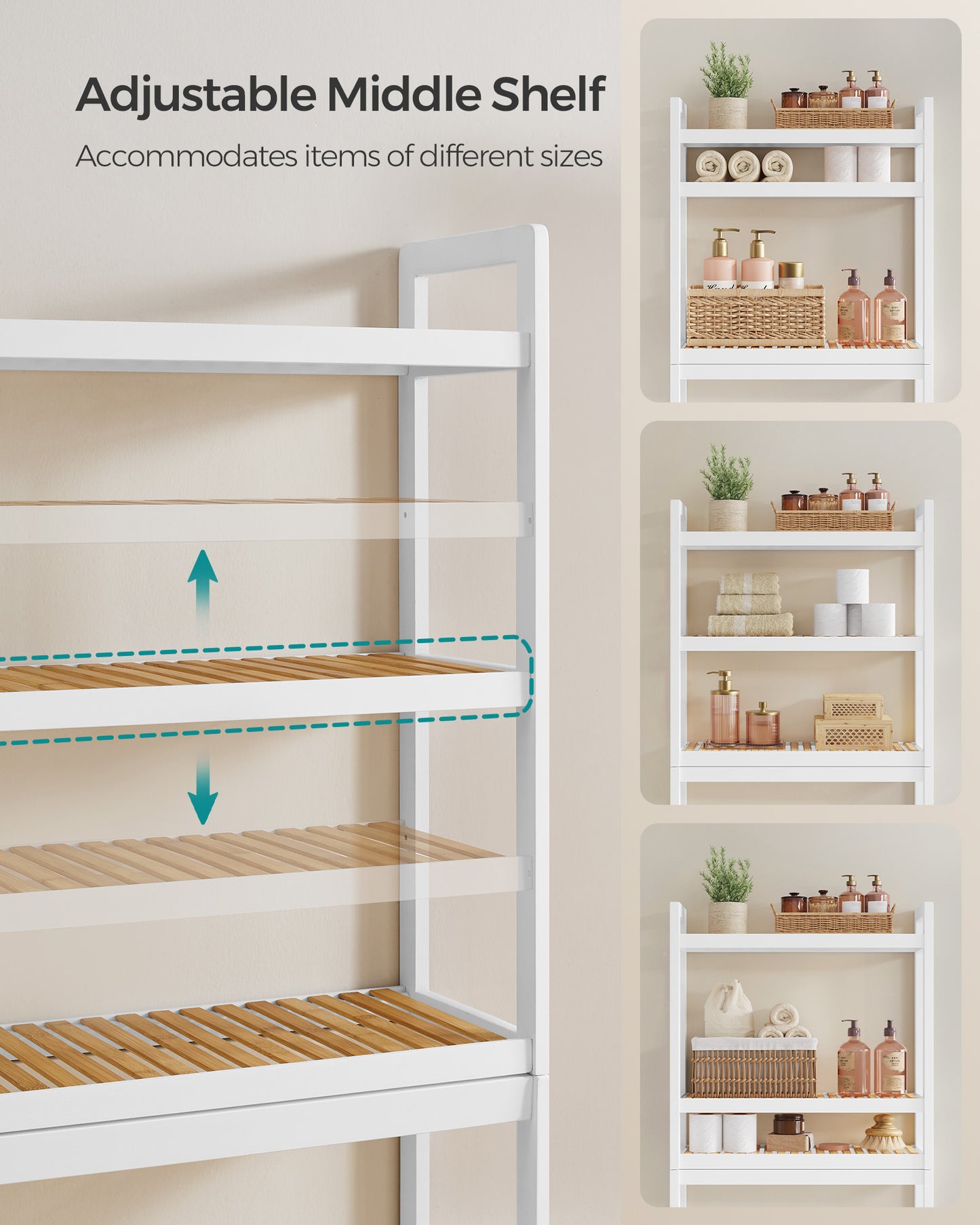 SONGMICS Over The Toilet Storage, 3-Tier Over Toilet Bathroom Organizer with Adjustable Shelf, Fit Most Toilets, Cloud White and Natural Beige
