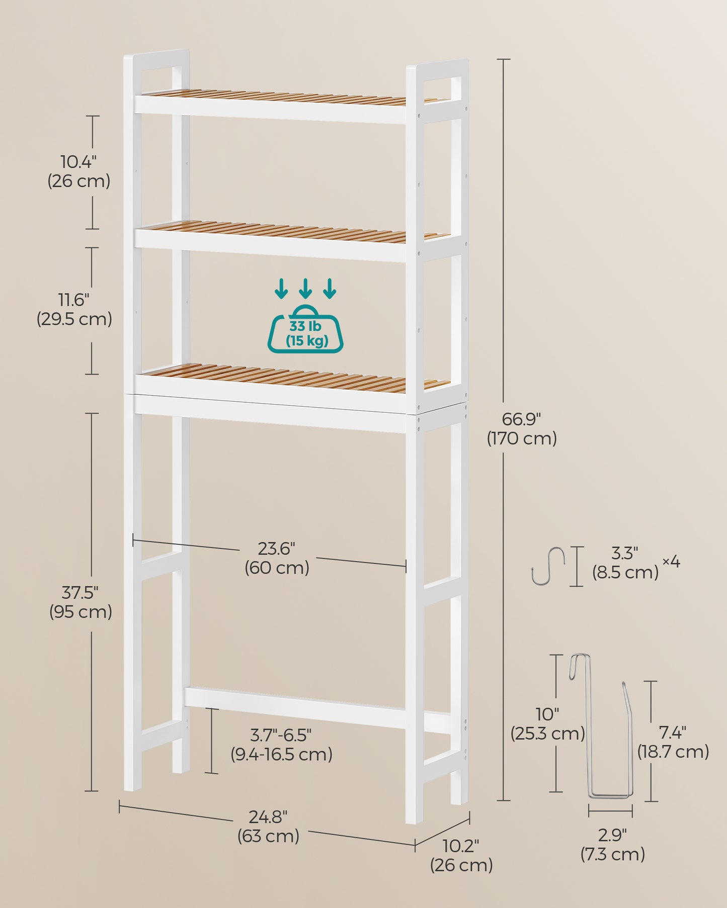 SONGMICS Over The Toilet Storage, 3-Tier Over Toilet Bathroom Organizer with Adjustable Shelf, Fit Most Toilets, Cloud White and Natural Beige