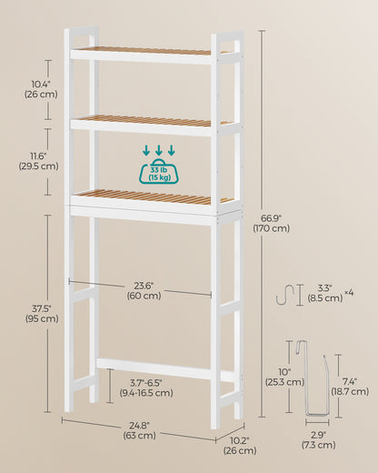 SONGMICS Over The Toilet Storage, 3-Tier Over Toilet Bathroom Organizer with Adjustable Shelf, Fit Most Toilets, Cloud White and Natural Beige