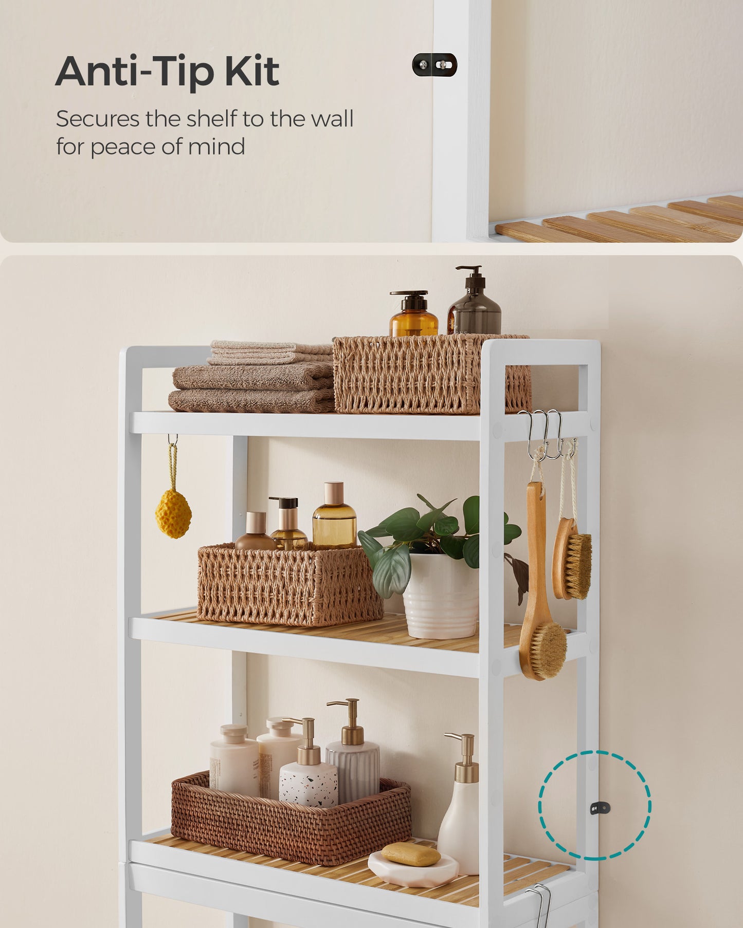 SONGMICS Over The Toilet Storage, 3-Tier Over Toilet Bathroom Organizer with Adjustable Shelf, Fit Most Toilets, Cloud White and Natural Beige