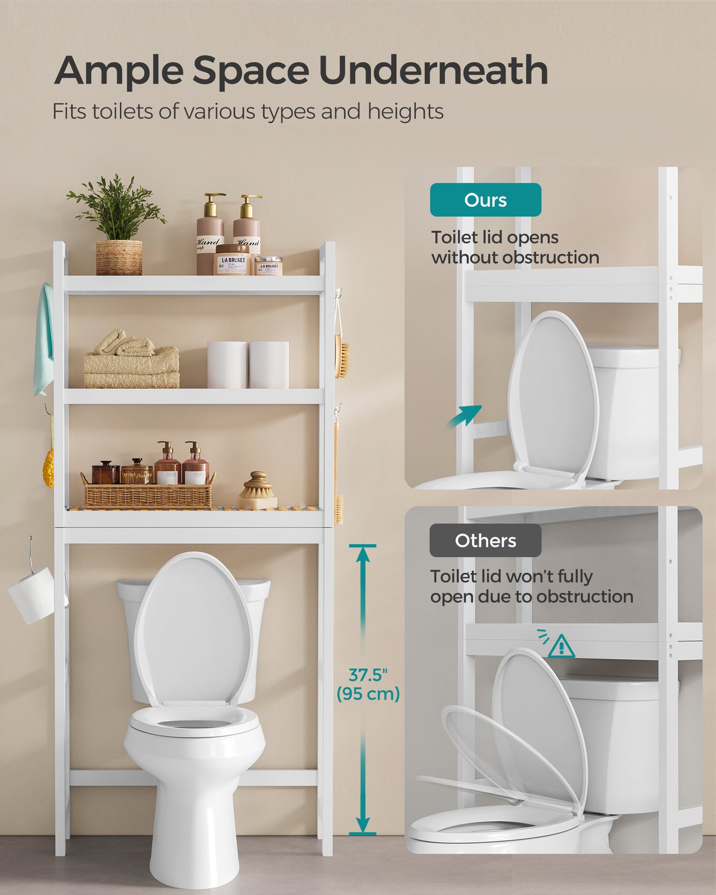 SONGMICS Over The Toilet Storage, 3-Tier Over Toilet Bathroom Organizer with Adjustable Shelf, Fit Most Toilets, Cloud White and Natural Beige
