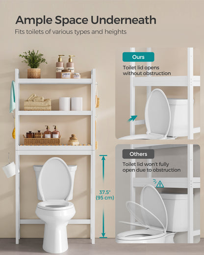SONGMICS Over The Toilet Storage, 3-Tier Over Toilet Bathroom Organizer with Adjustable Shelf, Fit Most Toilets, Cloud White and Natural Beige