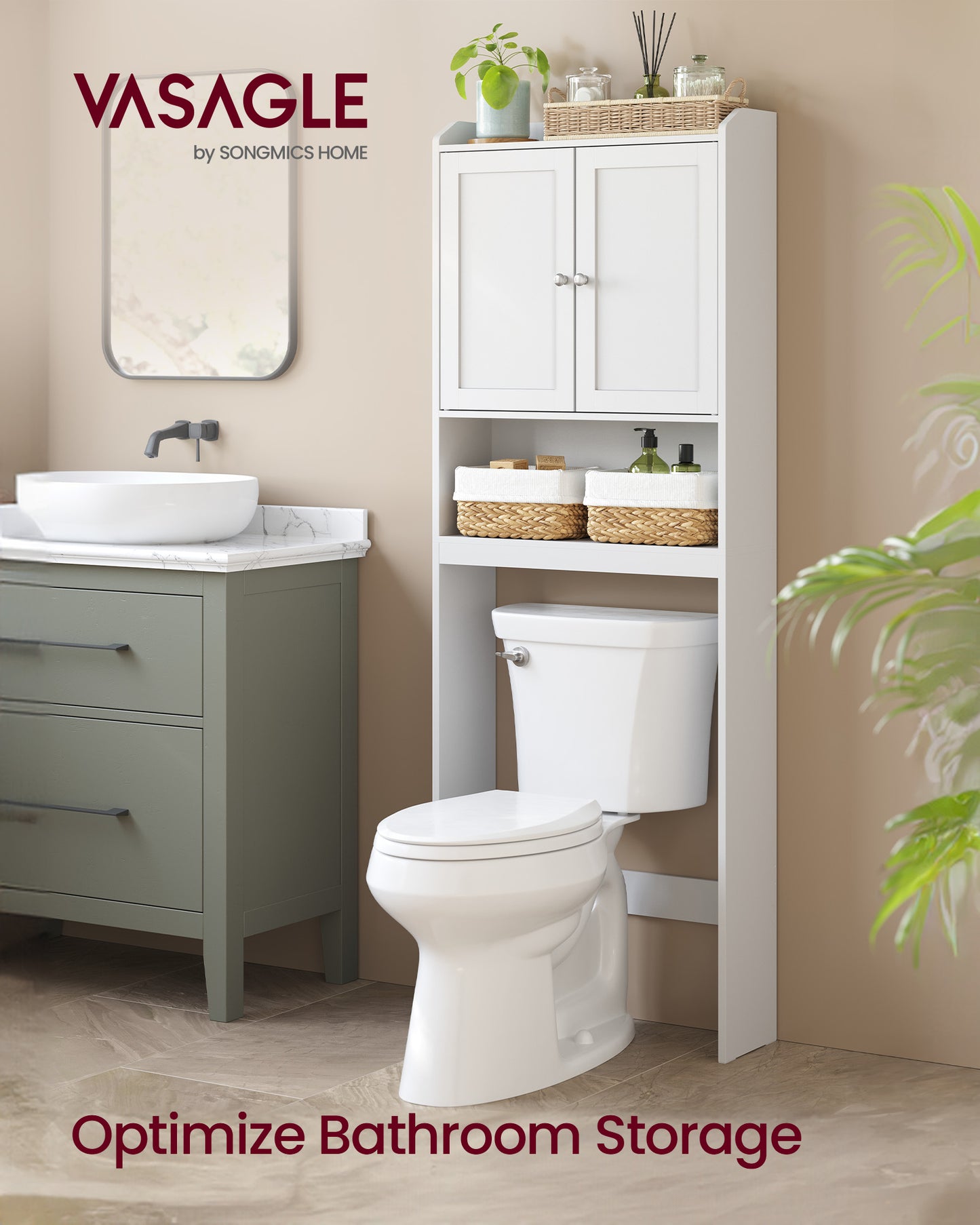 VASAGLE Over the Toilet Storage Cabinet, Bathroom Storage Cabinet with Doors, Adjustable Shelves, Space-Saving, 7.9 x 24.6 x 70 Inches, Cloud White