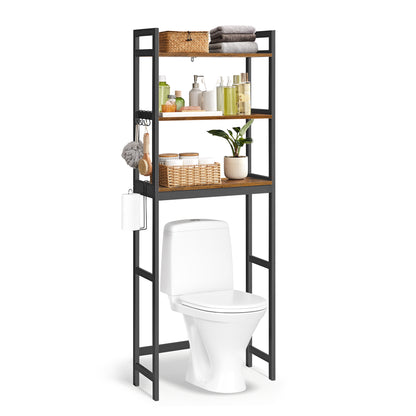 SONGMICS Over-The-Toilet Storage, 3-Tier Bathroom Organizer Over Toilet with Adjustable Shelves,Toilet Paper Holder, Rustic Brown and Ink Black
