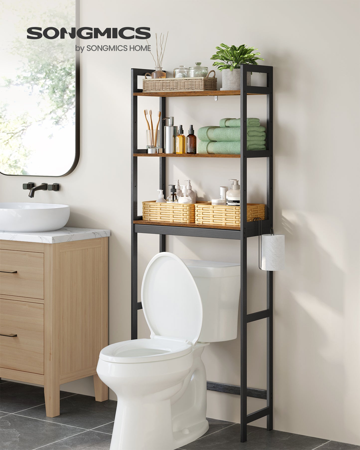 SONGMICS Over-The-Toilet Storage, 3-Tier Bathroom Organizer Over Toilet with Adjustable Shelves,Toilet Paper Holder, Rustic Brown and Ink Black