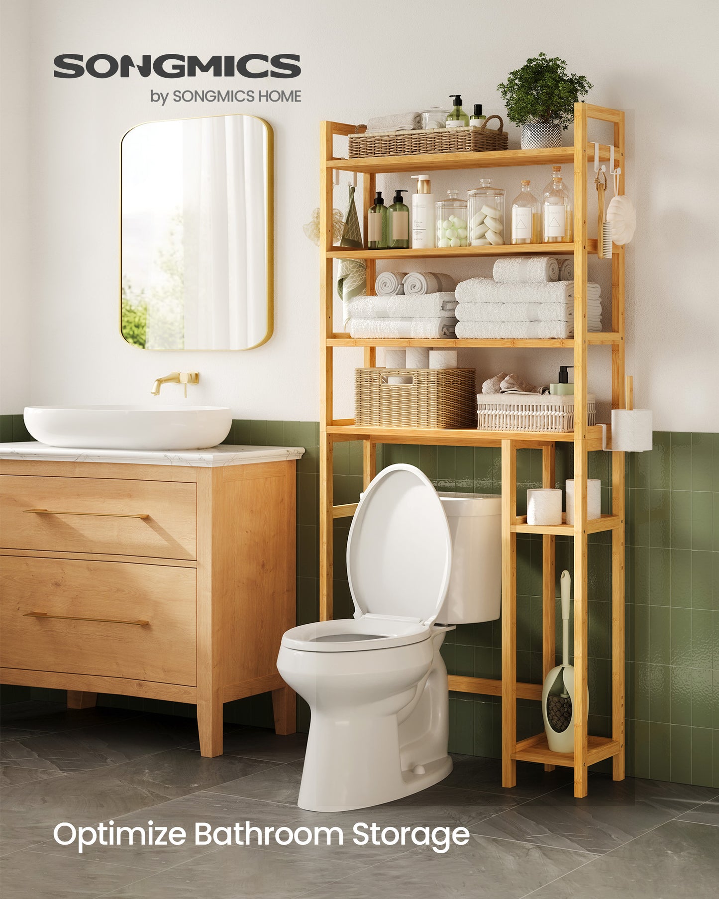 Over The Toilet Storage Shelf with Toilet Paper Holder, Bamboo Bathroom Organizer with Adjustable Shelves, 10.2 x 32.7 x 72.8 Inches, 4 Hooks