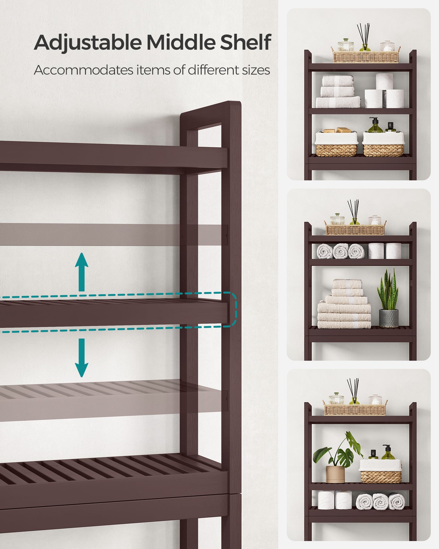 SONGMICS Over The Toilet Storage Bamboo 3-Tier Over-The-Toilet Space Saver Organizer Rack Stable Freestanding Brown