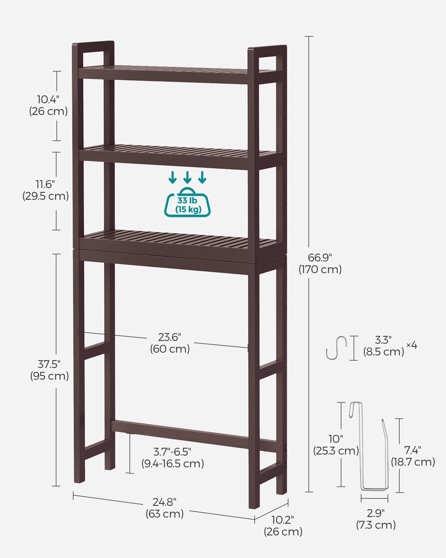 SONGMICS Over The Toilet Storage Bamboo 3-Tier Over-The-Toilet Space Saver Organizer Rack Stable Freestanding Brown