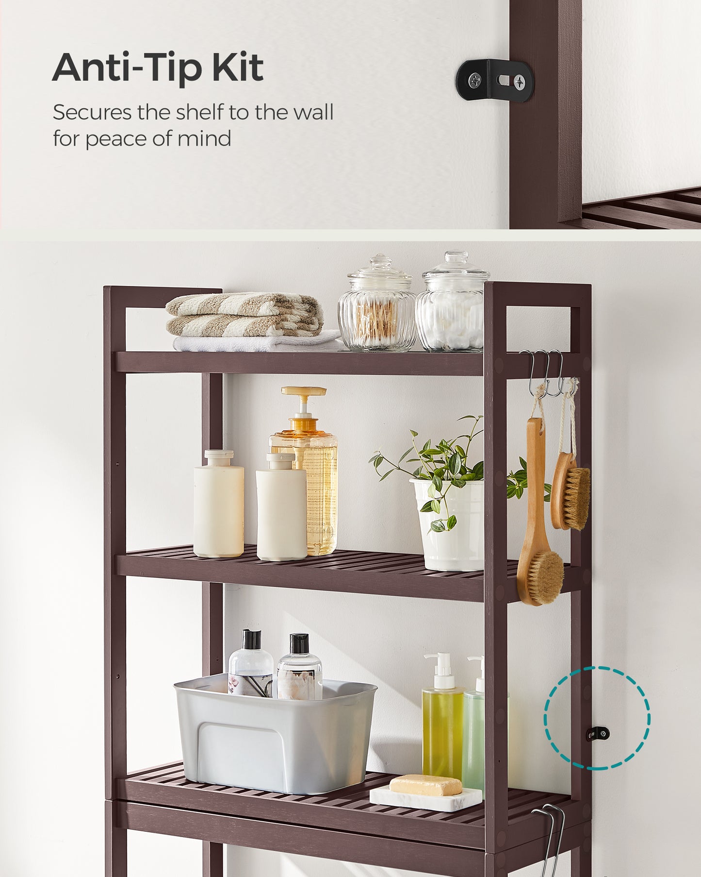 SONGMICS Over The Toilet Storage Bamboo 3-Tier Over-The-Toilet Space Saver Organizer Rack Stable Freestanding Brown