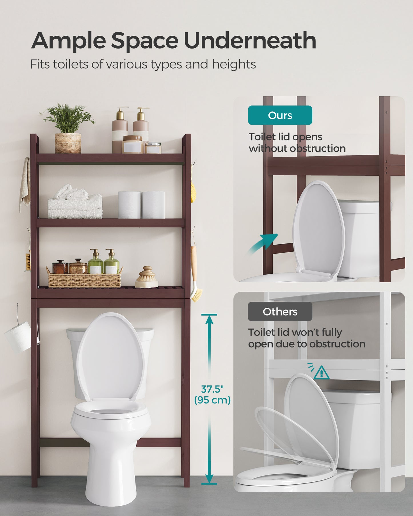 SONGMICS Over The Toilet Storage Bamboo 3-Tier Over-The-Toilet Space Saver Organizer Rack Stable Freestanding Brown