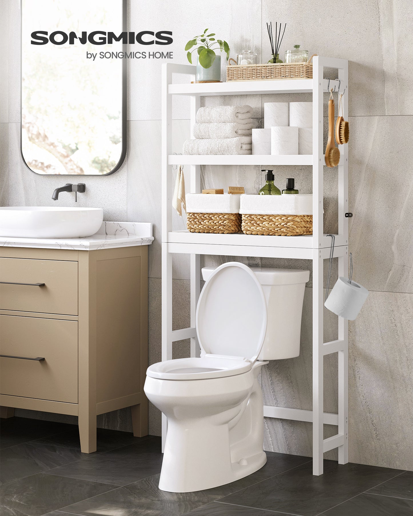 SONGMICS 3-Tier Over The Toilet Storage Bamboo Over Toilet Bathroom Organizer White