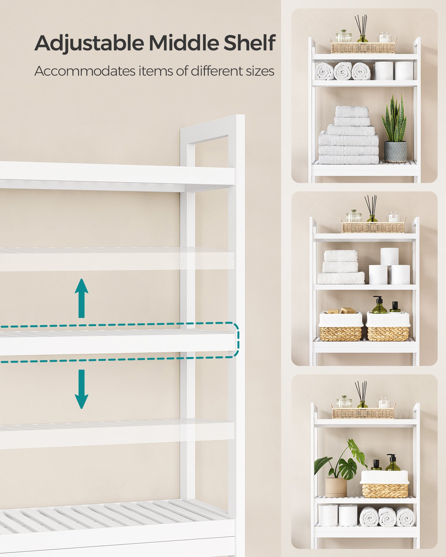 SONGMICS 3-Tier Over The Toilet Storage Bamboo Over Toilet Bathroom Organizer White