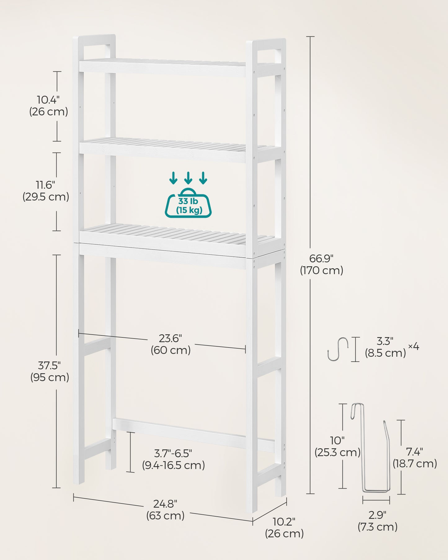 SONGMICS 3-Tier Over The Toilet Storage Bamboo Over Toilet Bathroom Organizer White