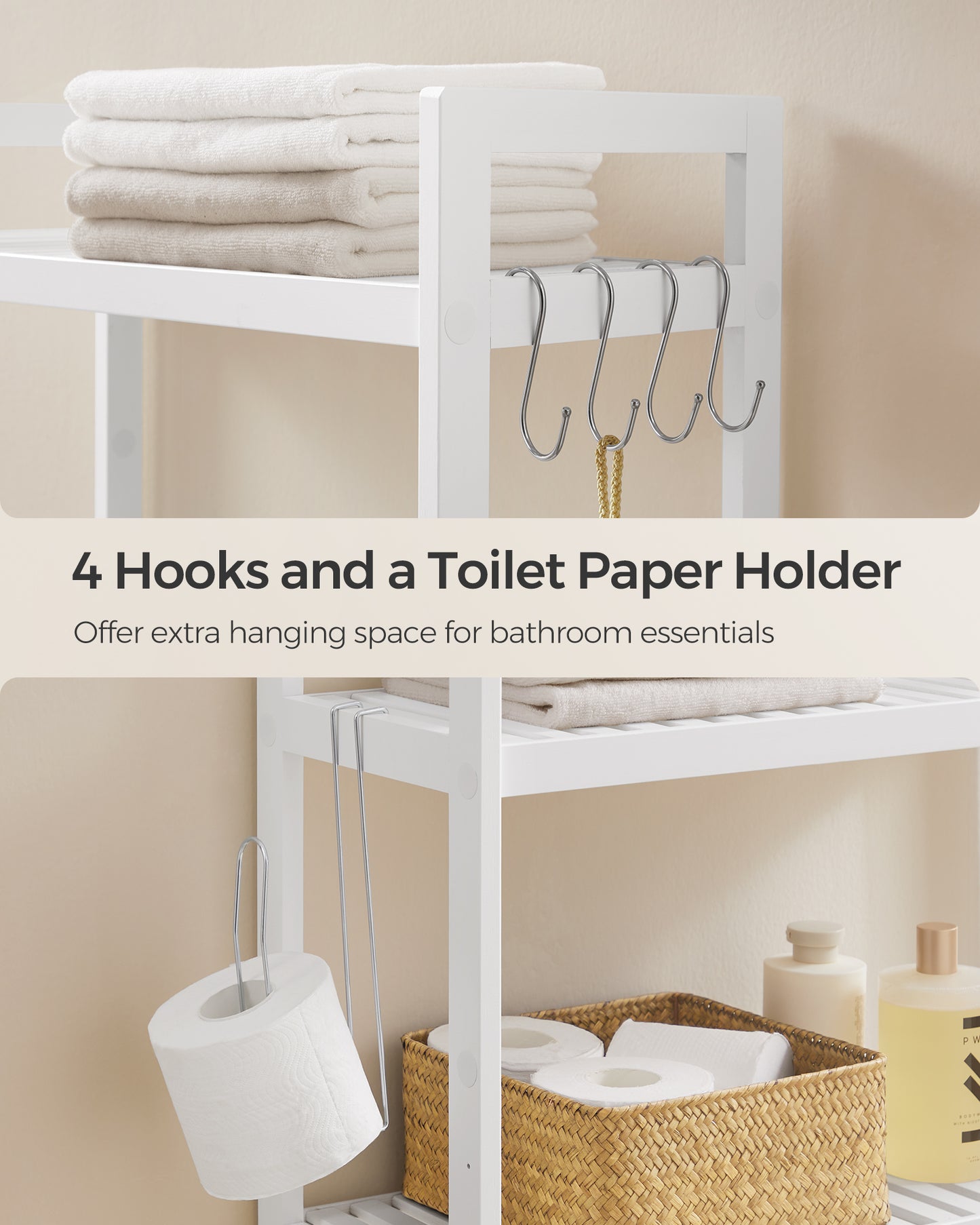 SONGMICS 3-Tier Over The Toilet Storage Bamboo Over Toilet Bathroom Organizer White
