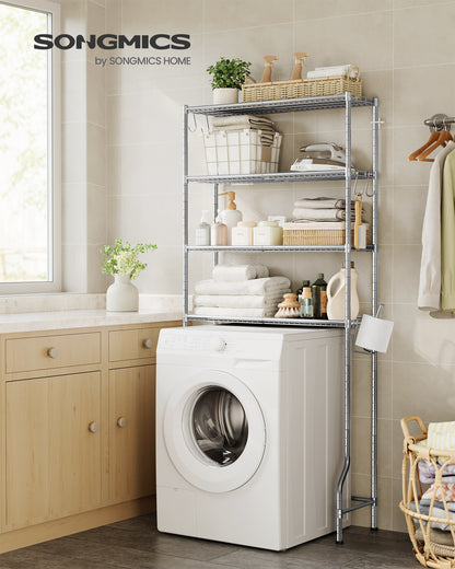 4 Tier Over The Toilet Storage, Metal Storage Rack, Adjustable Shelves, 4 Hooks, Roll Holder, Space-Saving Bathroom Storage Shelf Organizer, 11.8 x 32.7 x 69.3 Inches, Silver