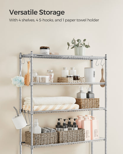 4 Tier Over The Toilet Storage, Metal Storage Rack, Adjustable Shelves, 4 Hooks, Roll Holder, Space-Saving Bathroom Storage Shelf Organizer, 11.8 x 32.7 x 69.3 Inches, Silver
