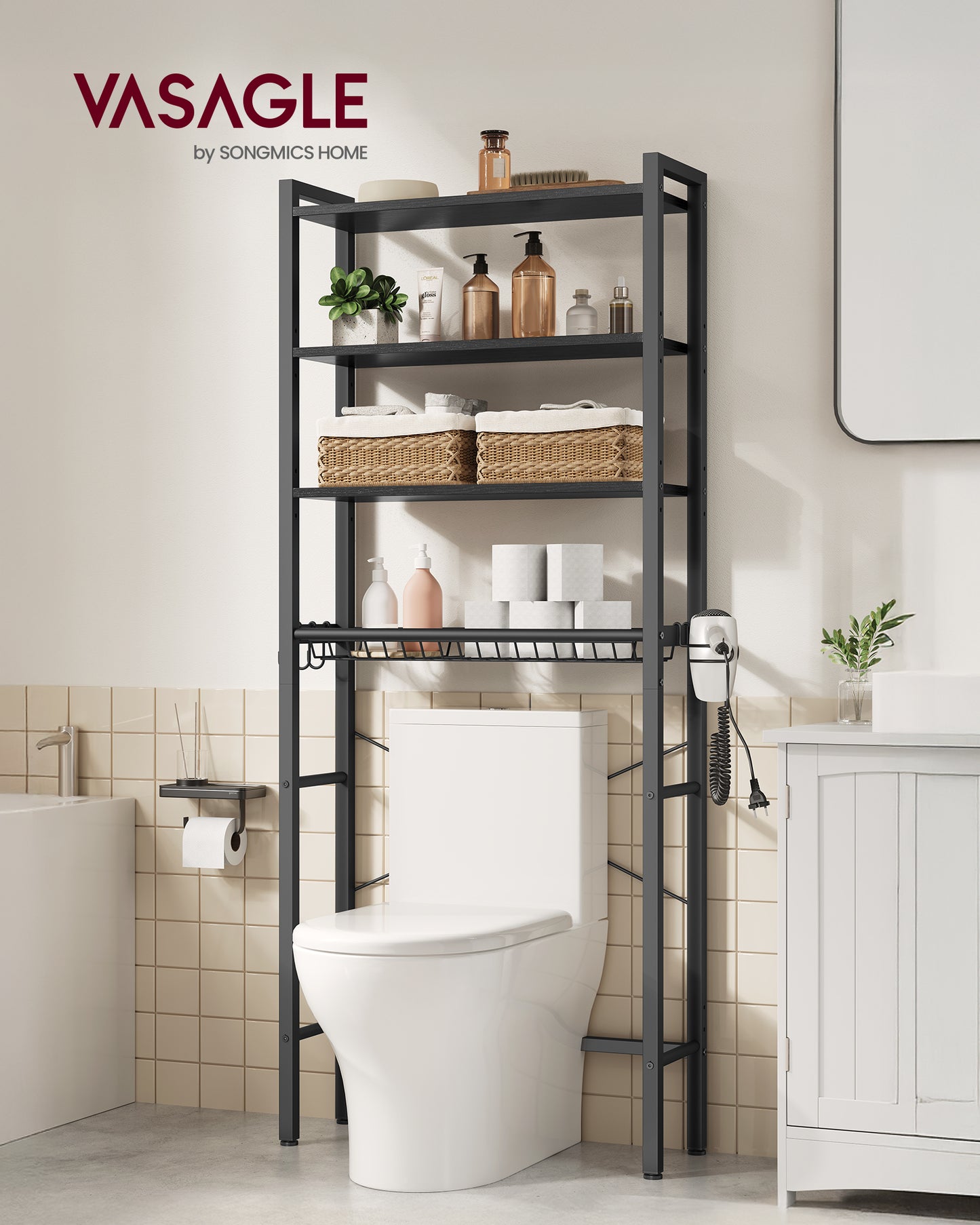 VASAGLE Over the Toilet Storage, Over Toilet Bathroom Organizer with Adjustable Shelves and Basket, Hair Dryer Holder, 3 Hooks,Ebony Black