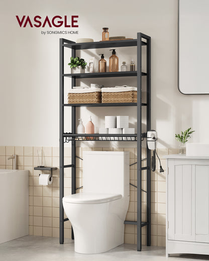 VASAGLE Over the Toilet Storage, Over Toilet Bathroom Organizer with Adjustable Shelves and Basket, Hair Dryer Holder, 3 Hooks,Ebony Black