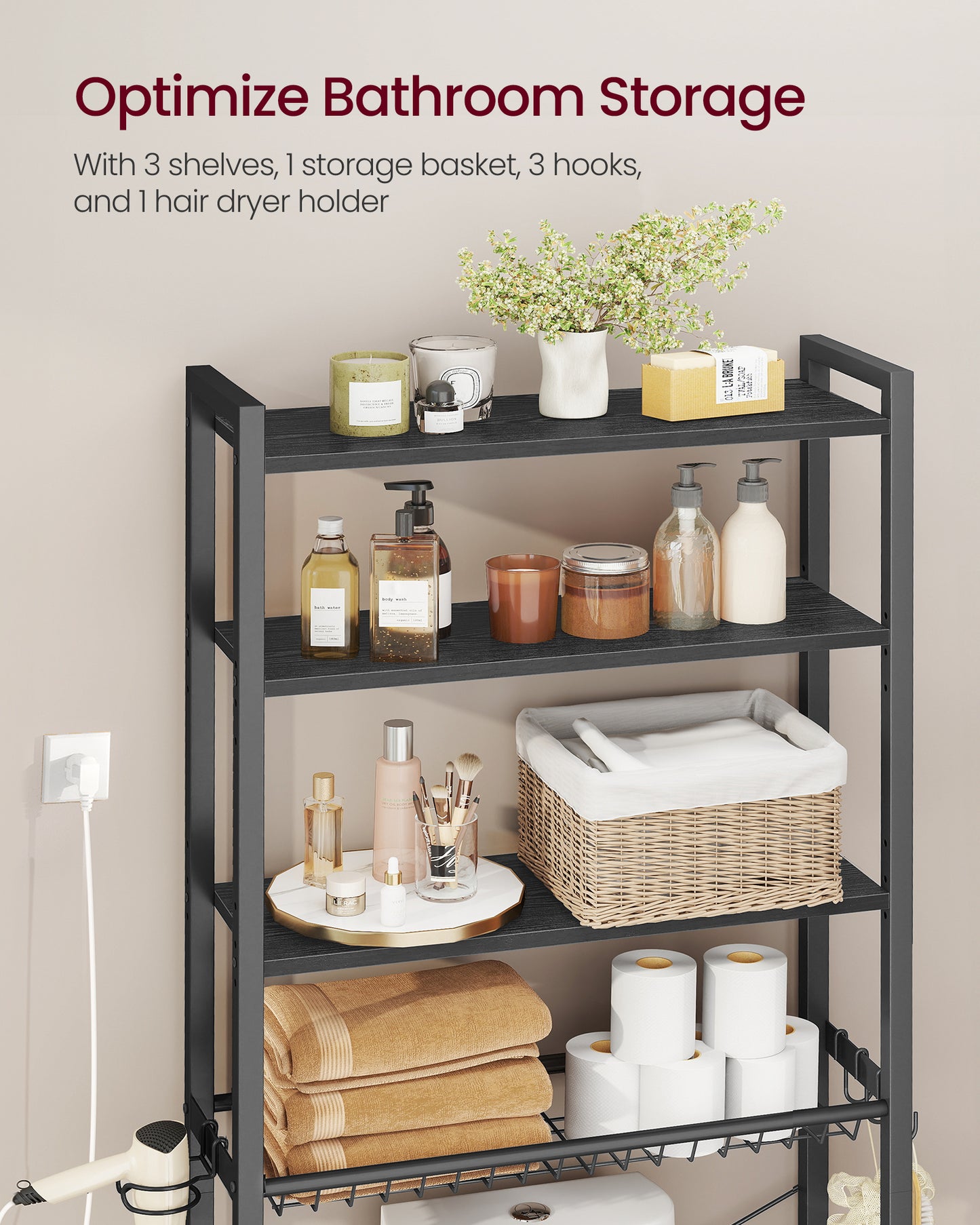 VASAGLE Over the Toilet Storage, Over Toilet Bathroom Organizer with Adjustable Shelves and Basket, Hair Dryer Holder, 3 Hooks,Ebony Black