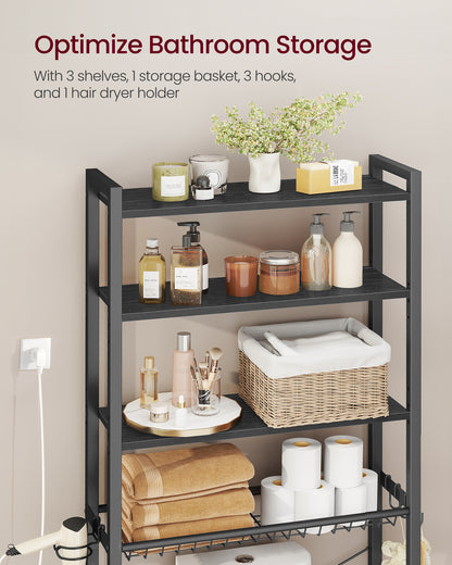 VASAGLE Over the Toilet Storage, Over Toilet Bathroom Organizer with Adjustable Shelves and Basket, Hair Dryer Holder, 3 Hooks,Ebony Black