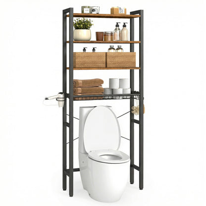 VASAGLE Over the Toilet Storage, Over Toilet Bathroom Organizer with Adjustable Shelves and Basket, Hair Dryer Holder, 3 Hooks,Rustic Brow