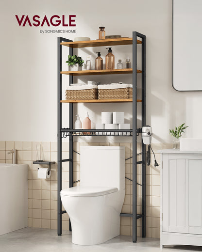 VASAGLE Over the Toilet Storage, Over Toilet Bathroom Organizer with Adjustable Shelves and Basket, Hair Dryer Holder, 3 Hooks,Rustic Brow