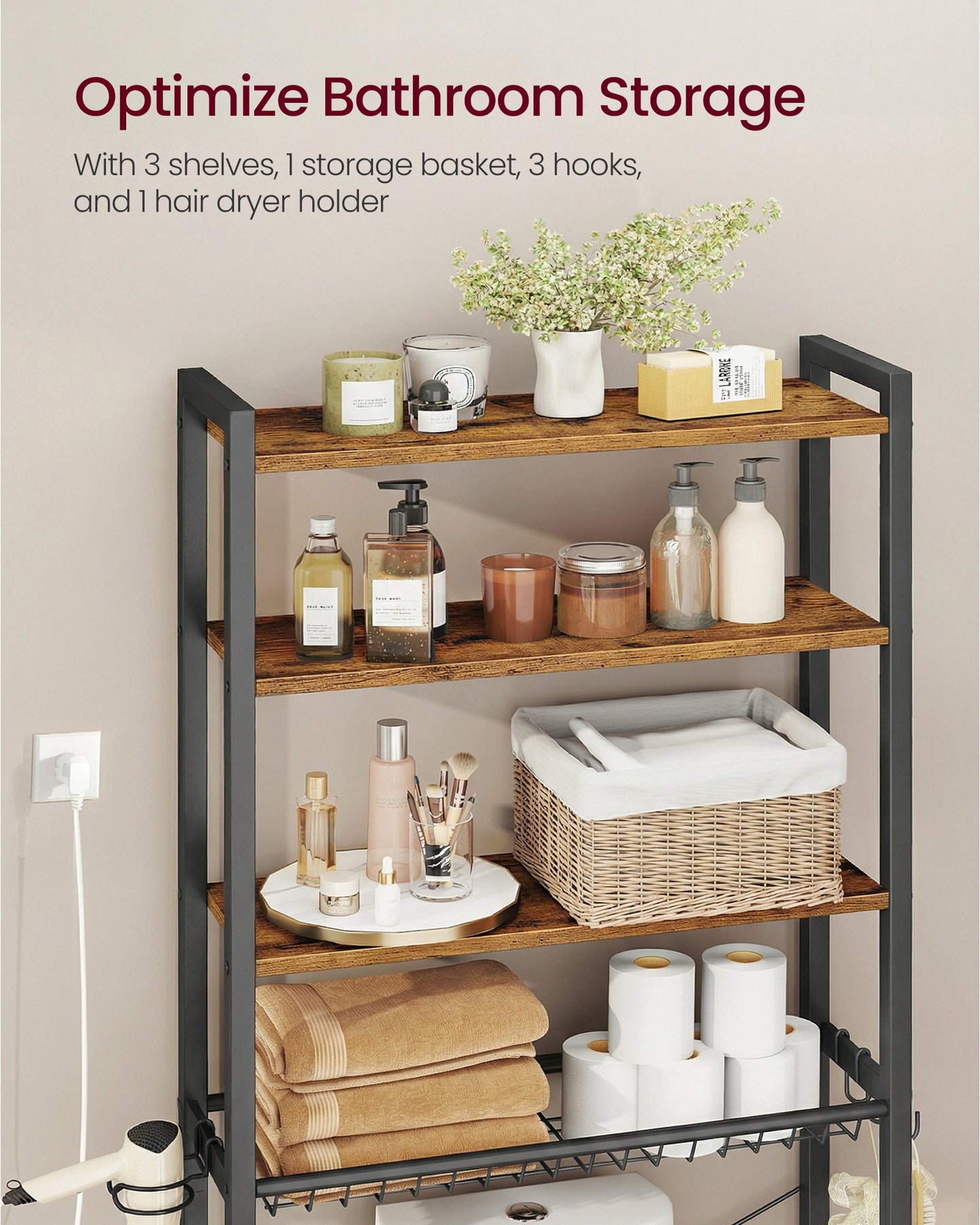VASAGLE Over the Toilet Storage, Over Toilet Bathroom Organizer with Adjustable Shelves and Basket, Hair Dryer Holder, 3 Hooks,Rustic Brow