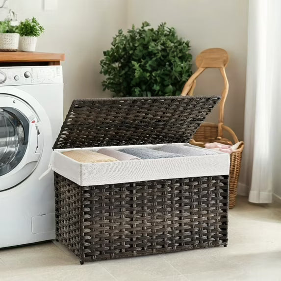 Generic Brown Storage Basket with Lid, 27.7 Gallon (105L) Woven Bin. Features handles, removable liner, foldable design, and metal frame