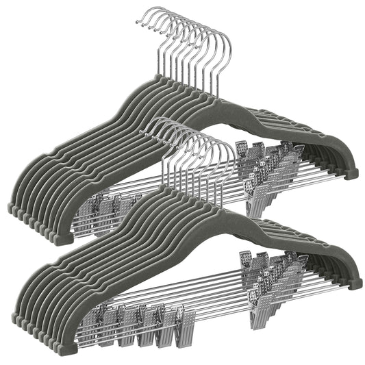 20-Pack Gray Velvet Hangers, 16.7-Inch Long with Adjustable Clips. Heavy-Duty and Non-Slip, These Space-Saving Hangers are Perfect for Pants