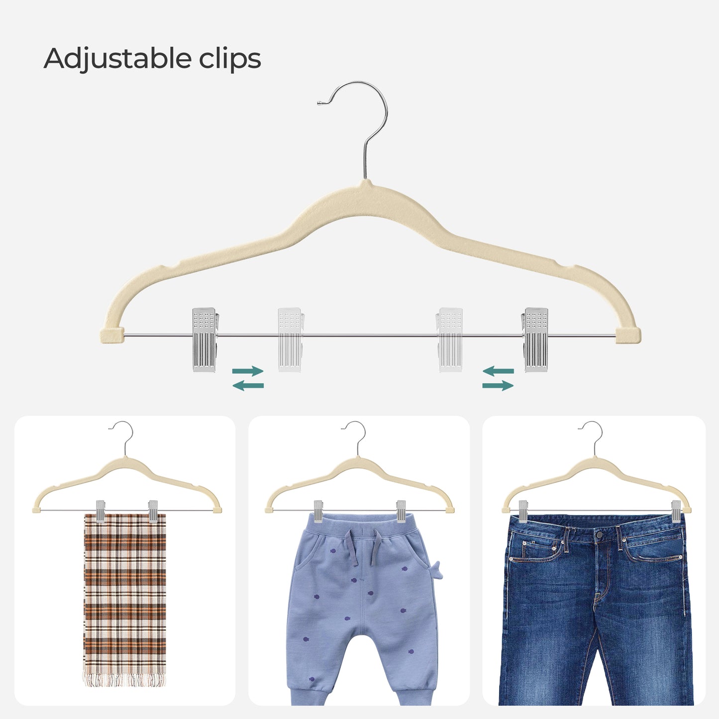 SONGMICS 30 Pack Skirt Pants Hangers Velvet Clips Hangers with Adjustable Clips Non-Slip Beige