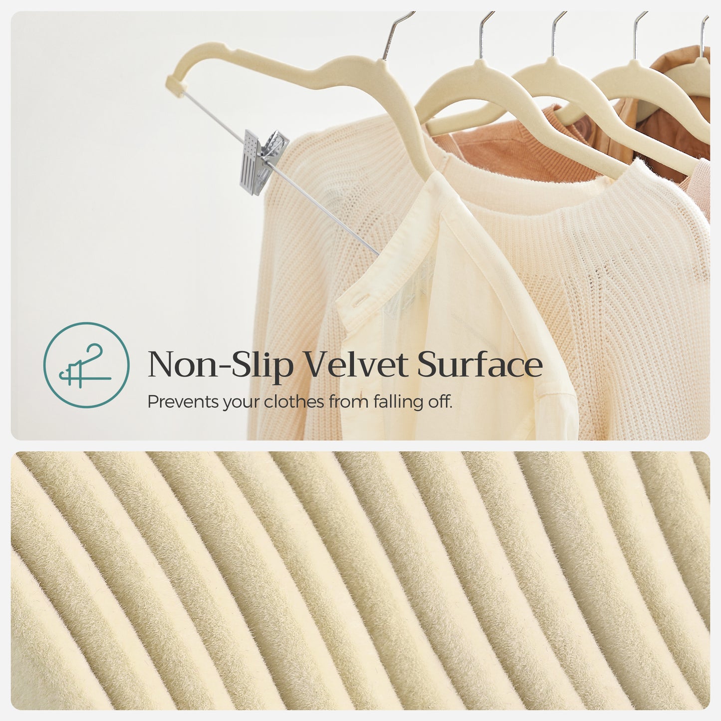 SONGMICS 30 Pack Skirt Pants Hangers Velvet Clips Hangers with Adjustable Clips Non-Slip Beige