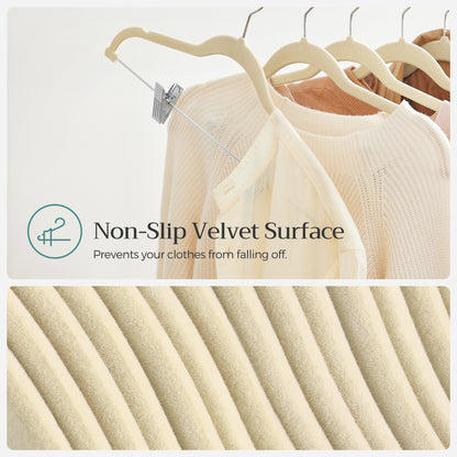 SONGMICS 30 Pack Skirt Pants Hangers Velvet Clips Hangers with Adjustable Clips Non-Slip Beige
