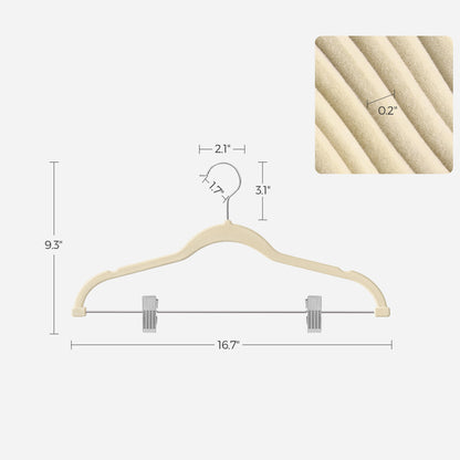 SONGMICS 30 Pack Skirt Pants Hangers Velvet Clips Hangers with Adjustable Clips Non-Slip Beige