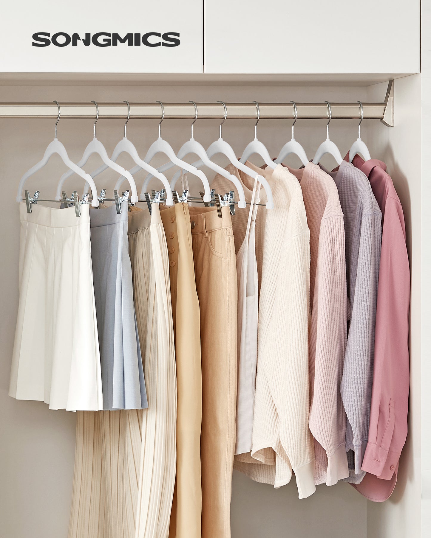 SONGMICS 30 Pack Skirt Pants Hangers Velvet Clips Hangers with Adjustable Clips Non-Slip White