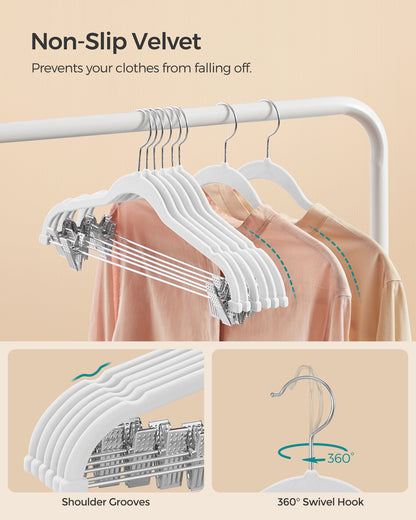 SONGMICS 30 Pack Skirt Pants Hangers Velvet Clips Hangers with Adjustable Clips Non-Slip White