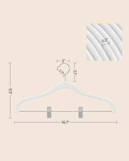 SONGMICS 30 Pack Skirt Pants Hangers Velvet Clips Hangers with Adjustable Clips Non-Slip White