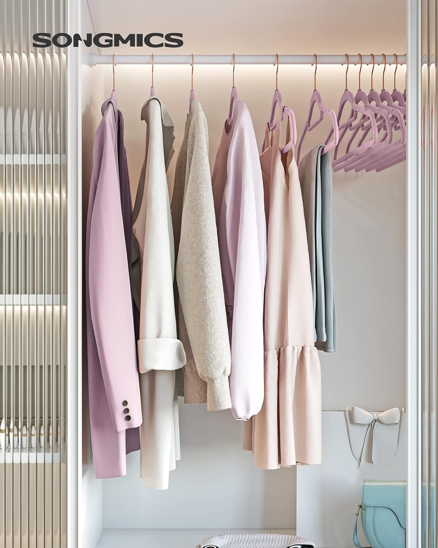 SONGMICS 50 Pack Velvet Hangers Non-Slip Clothes Hanger with Swivel Hook Space Saving for Coat Pant Tie Pale Purple