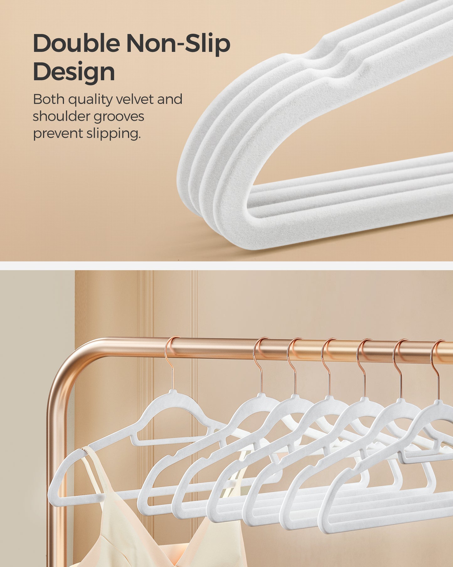 SONGMICS Velvet Hangers, Set of 50 Clothes Hanger with Rose Gold Swivel Hook, and Space-Saving, 17.1-Inch Long Cloud White