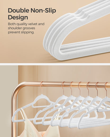 SONGMICS Velvet Hangers, Set of 50 Clothes Hanger with Rose Gold Swivel Hook, and Space-Saving, 17.1-Inch Long Cloud White