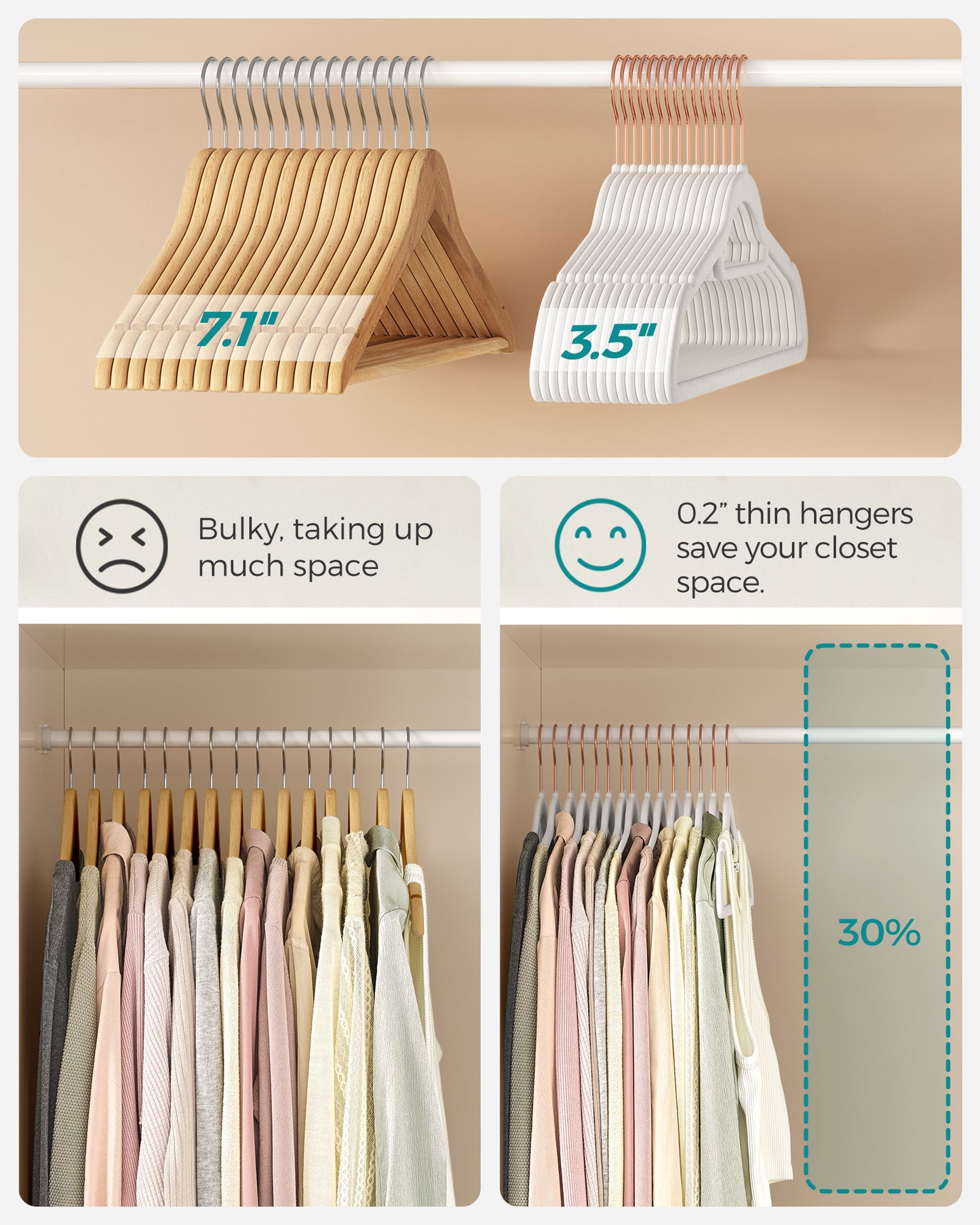 SONGMICS Velvet Hangers, Set of 50 Clothes Hanger with Rose Gold Swivel Hook, and Space-Saving, 17.1-Inch Long Cloud White